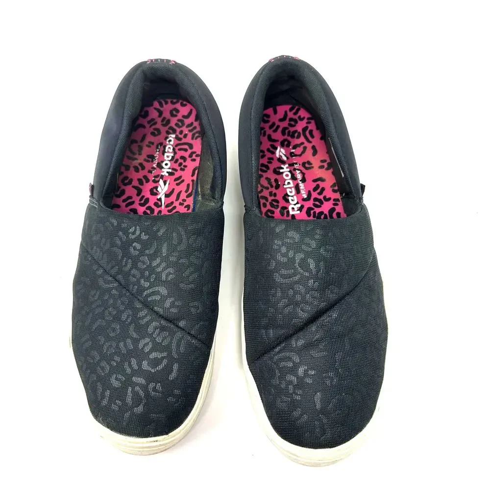 Reebok Size‎ 10 Slip On Black Leopard Print Casual Shoes Walking Flat